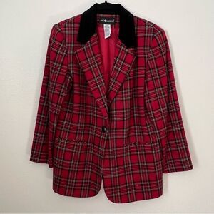 Sag Harbor Blazer Red Plaid Wool Blend Size 10 Black Velvet Collar Career